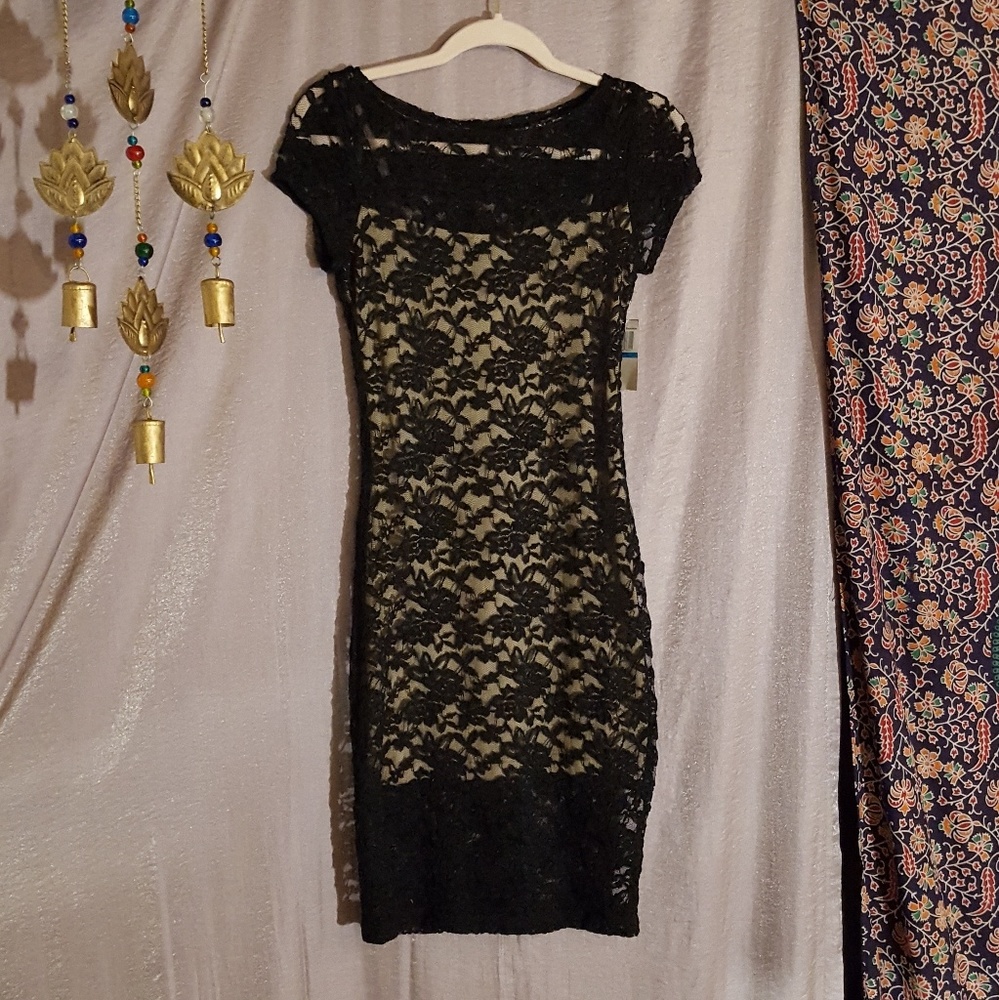 NWT Black Lace Over Nude Slip Dress